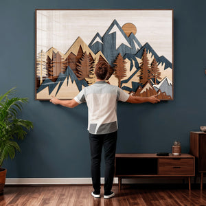 Rustic Abstract Wood Panel Effect Canvas Mountain Range Top