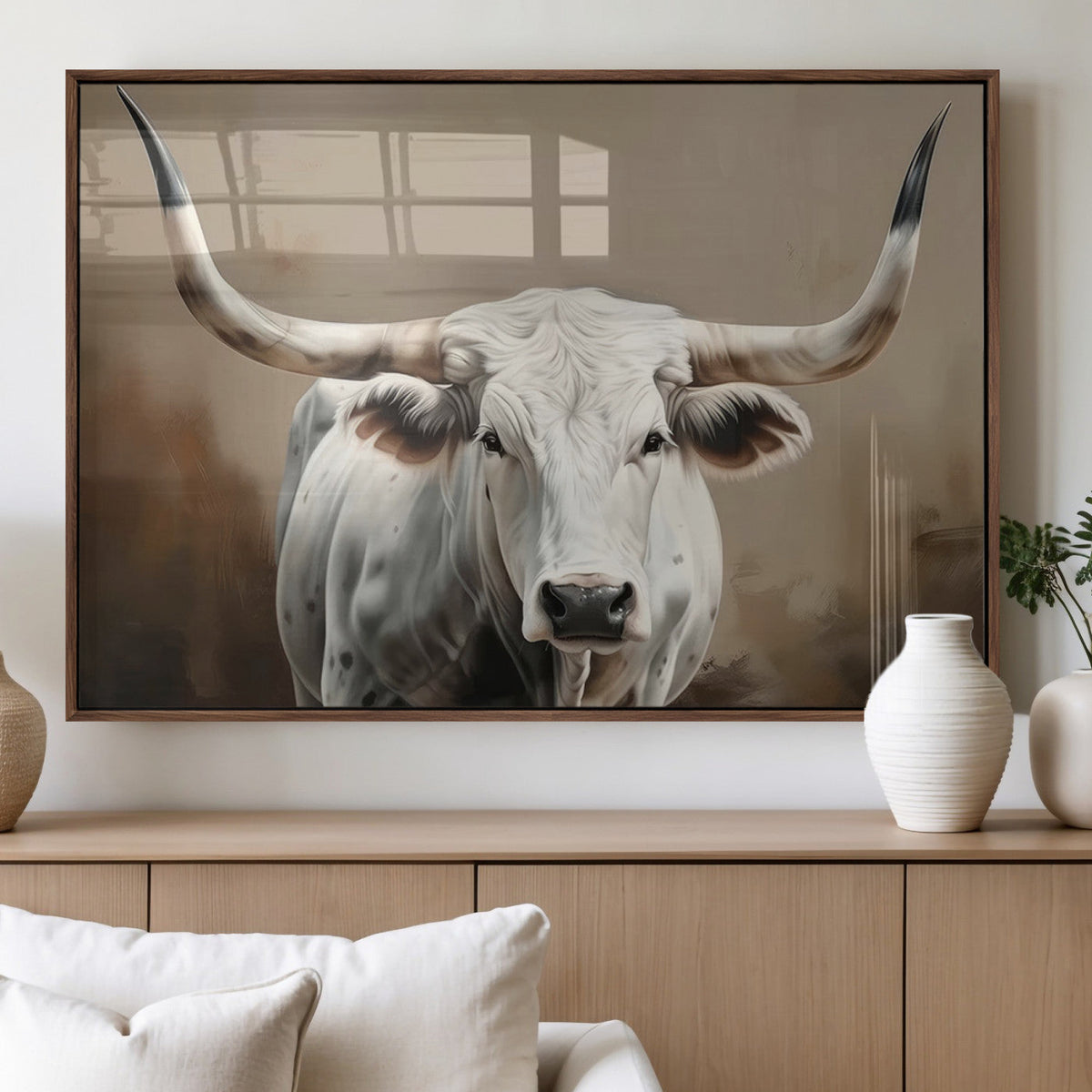 White Longhorn Bull Wall Art Canvas Print – Framed and Ready