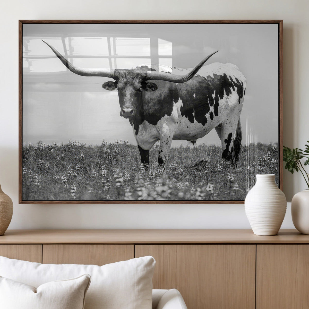 Texas Black White Highland Longhorn Cow Wall Art Canvas