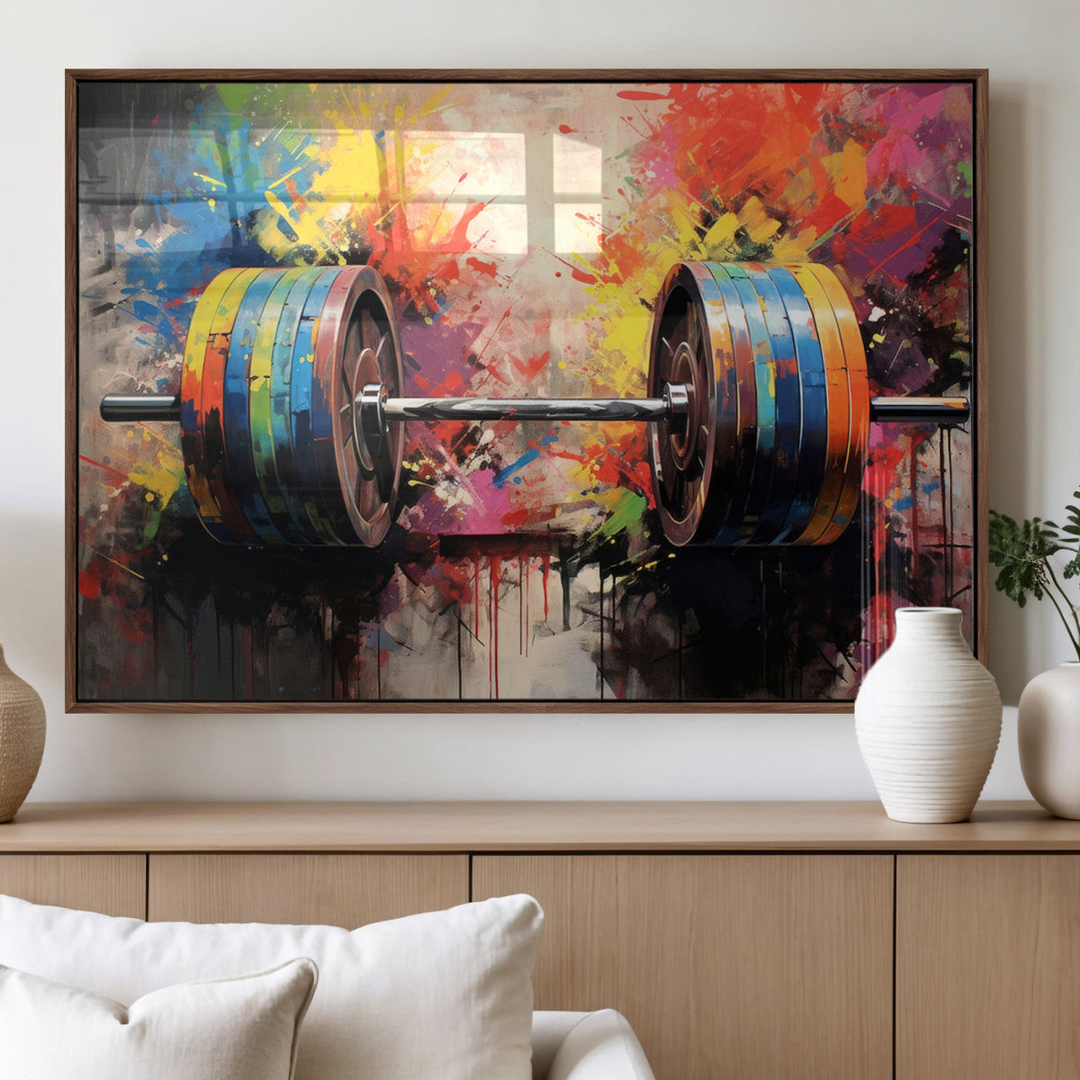 Weightlifting Barbell Art Triptych, Bold Abstract Fitness