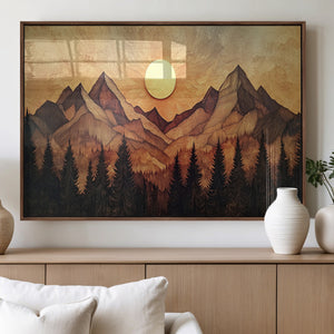 Wood Style Abstract Mountain Sunset Canvas Wall Art Print -