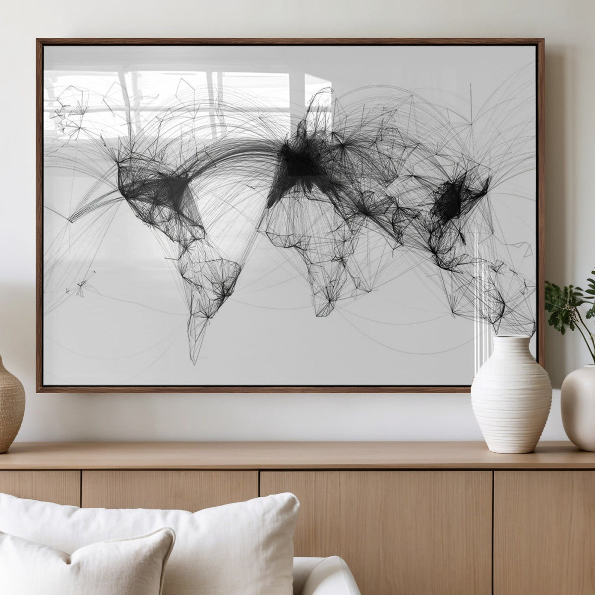 Abstract World Map Wall Art – Framed Geometric Line Canvas