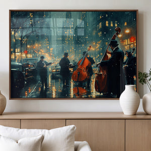 Urban Night Jazz Wall Art Canvas Print – Moody Rain-Soaked