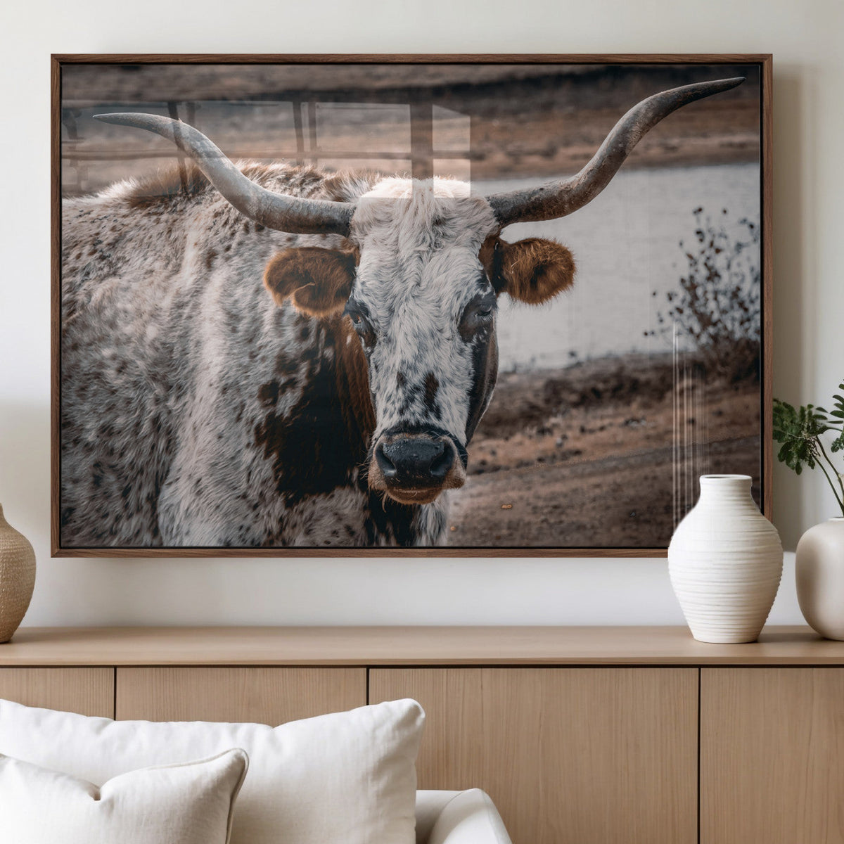 Texas Longhorn Wall Art Canvas Print – Framed Spotted Bull