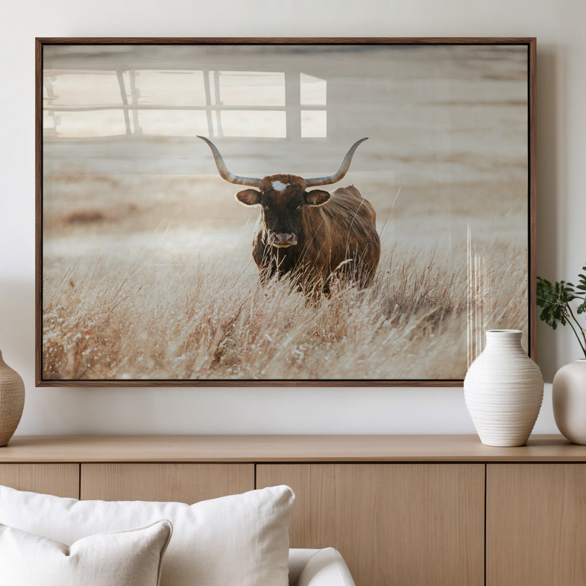 Texas Longhorn Wall Art Canvas Print – Framed Brown Horned
