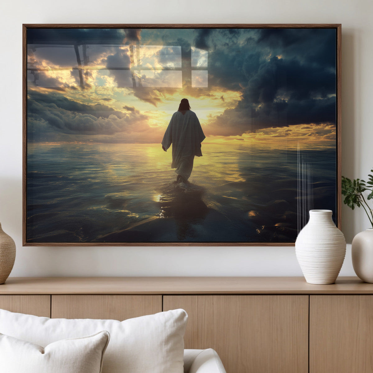 Jesus Walks Wall Art Canvas Print Framed Divine Sunset Art