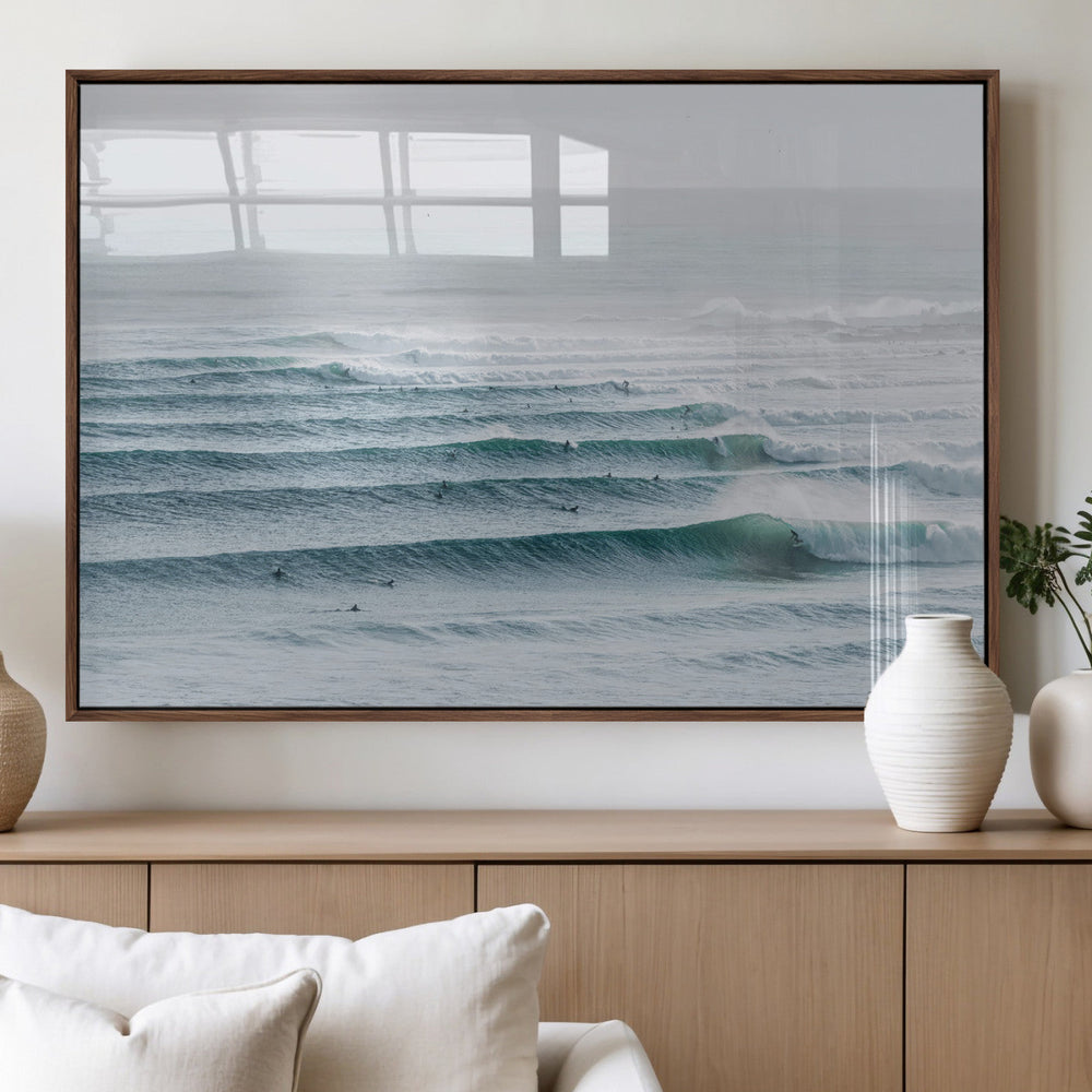 Ocean Waves Wall Art Canvas Print – Framed Surfer Lineup