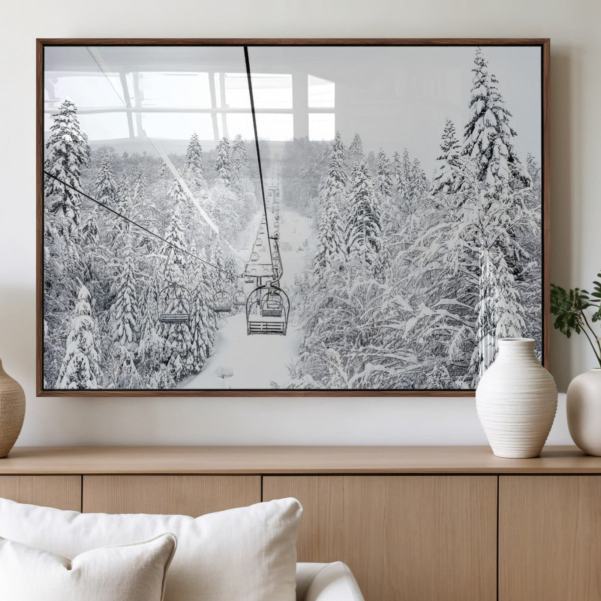 Snowy Ski Lift Wall Art – Framed Winter Mountain Canvas