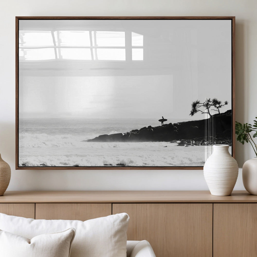 Surfer Cliffs Wall Art Canvas Print – Framed Black White