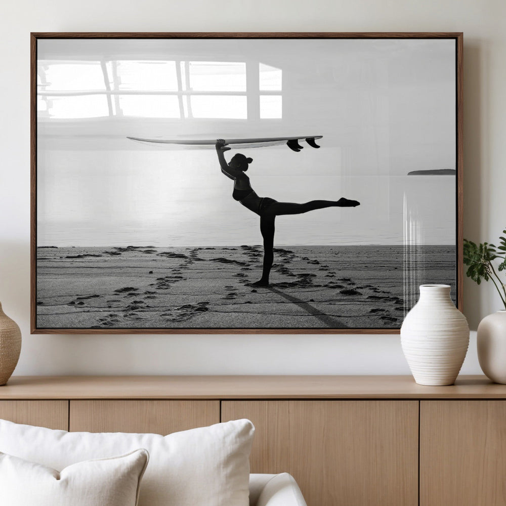 Yoga Surf Wall Art Canvas Print – Framed Black White Shore