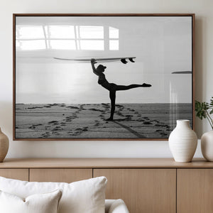 Yoga Surf Wall Art Canvas Print – Framed Black White Shore