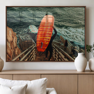 Surfer Stairway Wall Art – Framed Ocean Surf Canvas Artwork,
