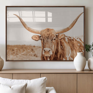 Texas Longhorn Wall Art Canvas Print – Framed Sepia Cow Art
