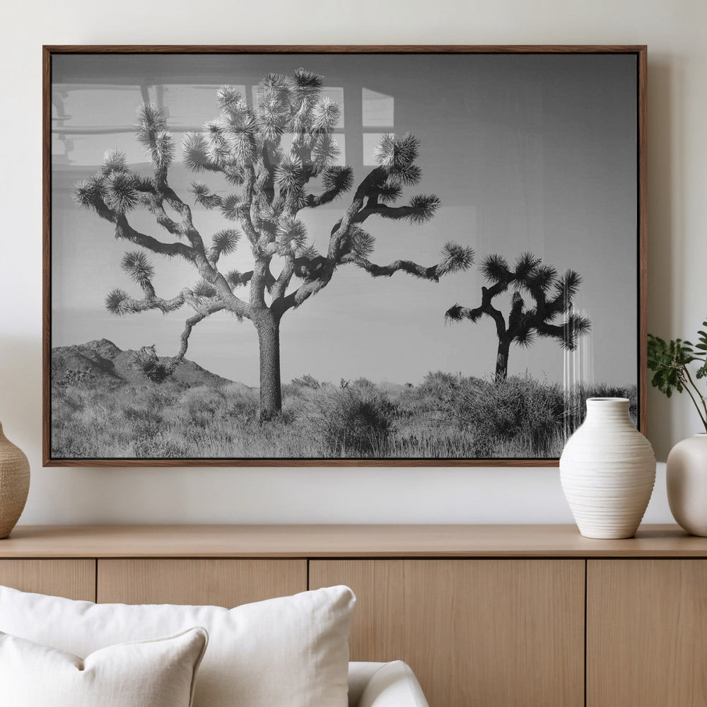 Joshua Tree Wall Art Canvas Print – Framed Monochrome Desert