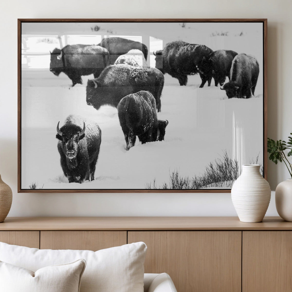 Buffalo Herd Wall Art Canvas Print – Framed Black and White