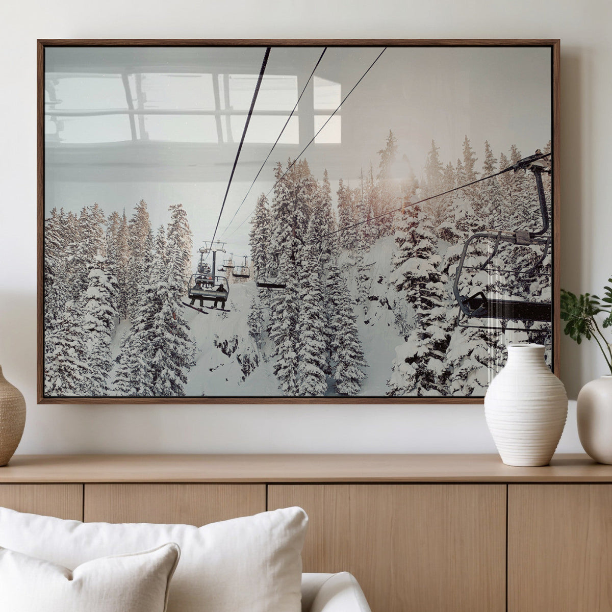 Frosty Pines Wall Art Canvas Print – Framed Cozy Cabin Ski