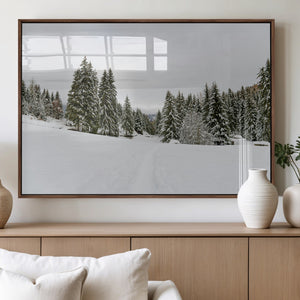 Frosty Pines Wall Art Canvas Print – Framed Silent Snowfall