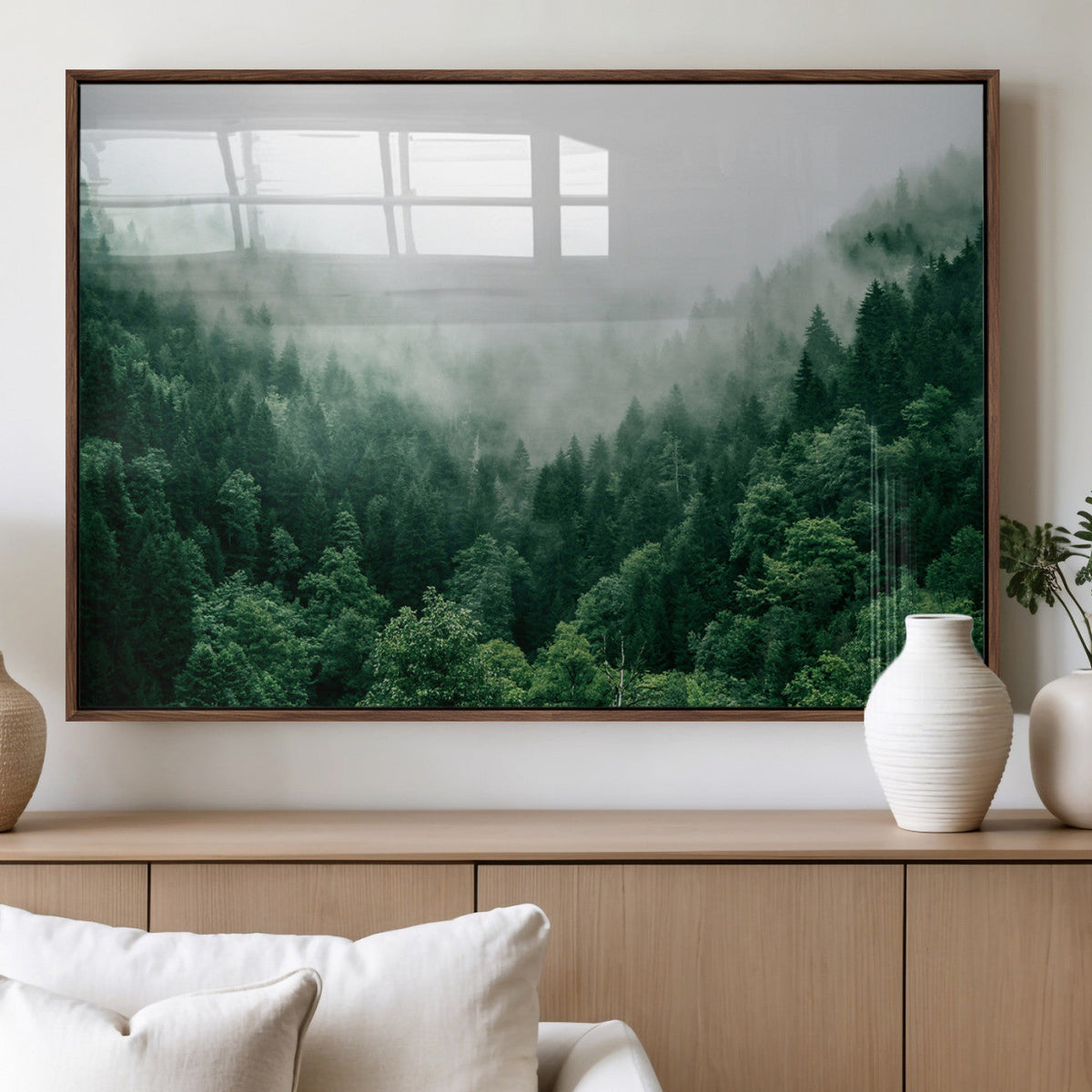 Misty Green Forest Canvas Print – Framed Serene Foggy Pine