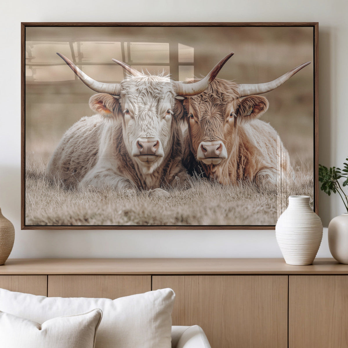 Couple Highland Cows Wall Art Canvas Print – Peaceful Meadow