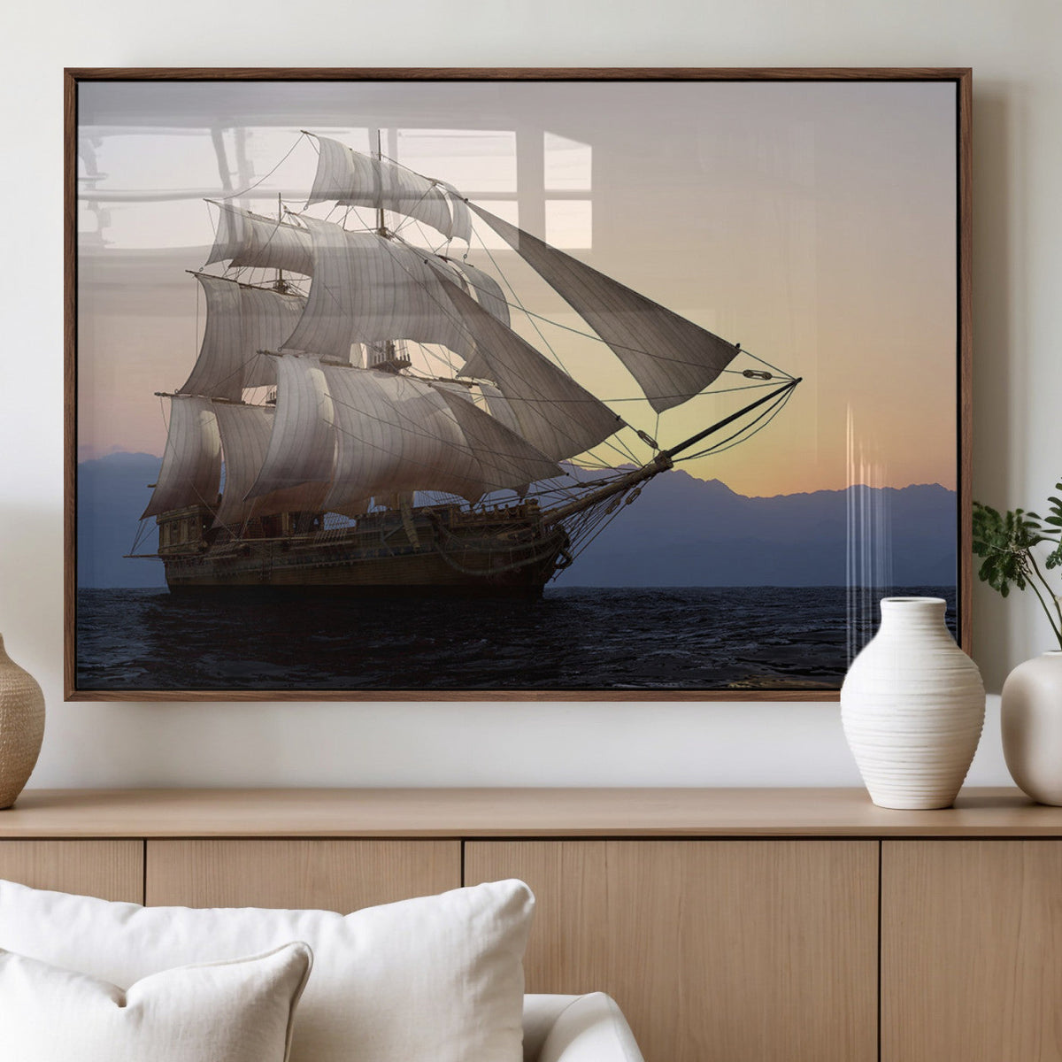 Majestic Sailing Ship Wall Art Canvas Print, Sunset Ocean