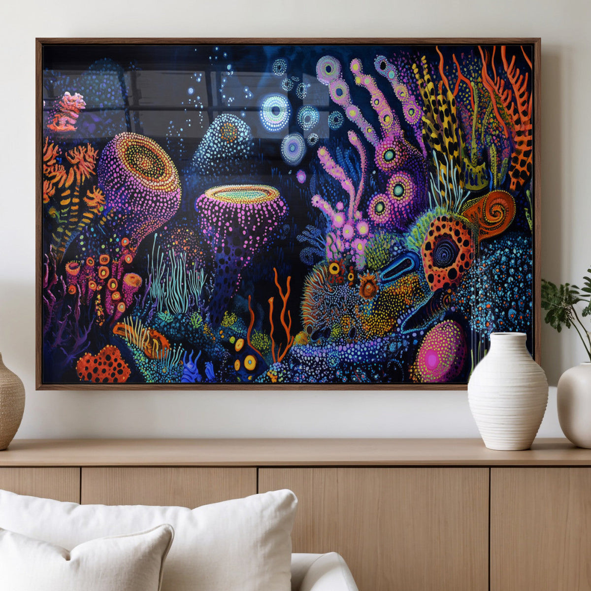 Vibrant Neon Coral Reef Wall Art Canvas Print, Colorful