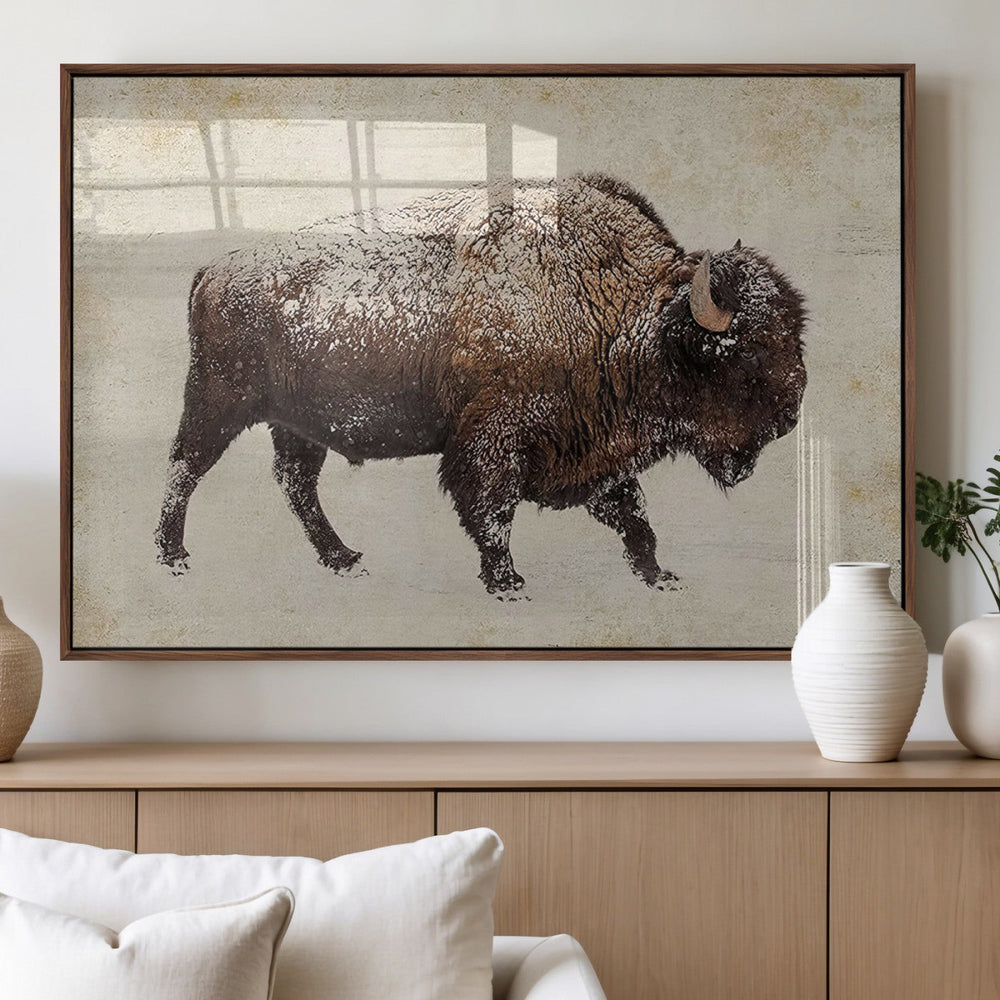 Snow-dusted bison silhouette textured vintage style rugged