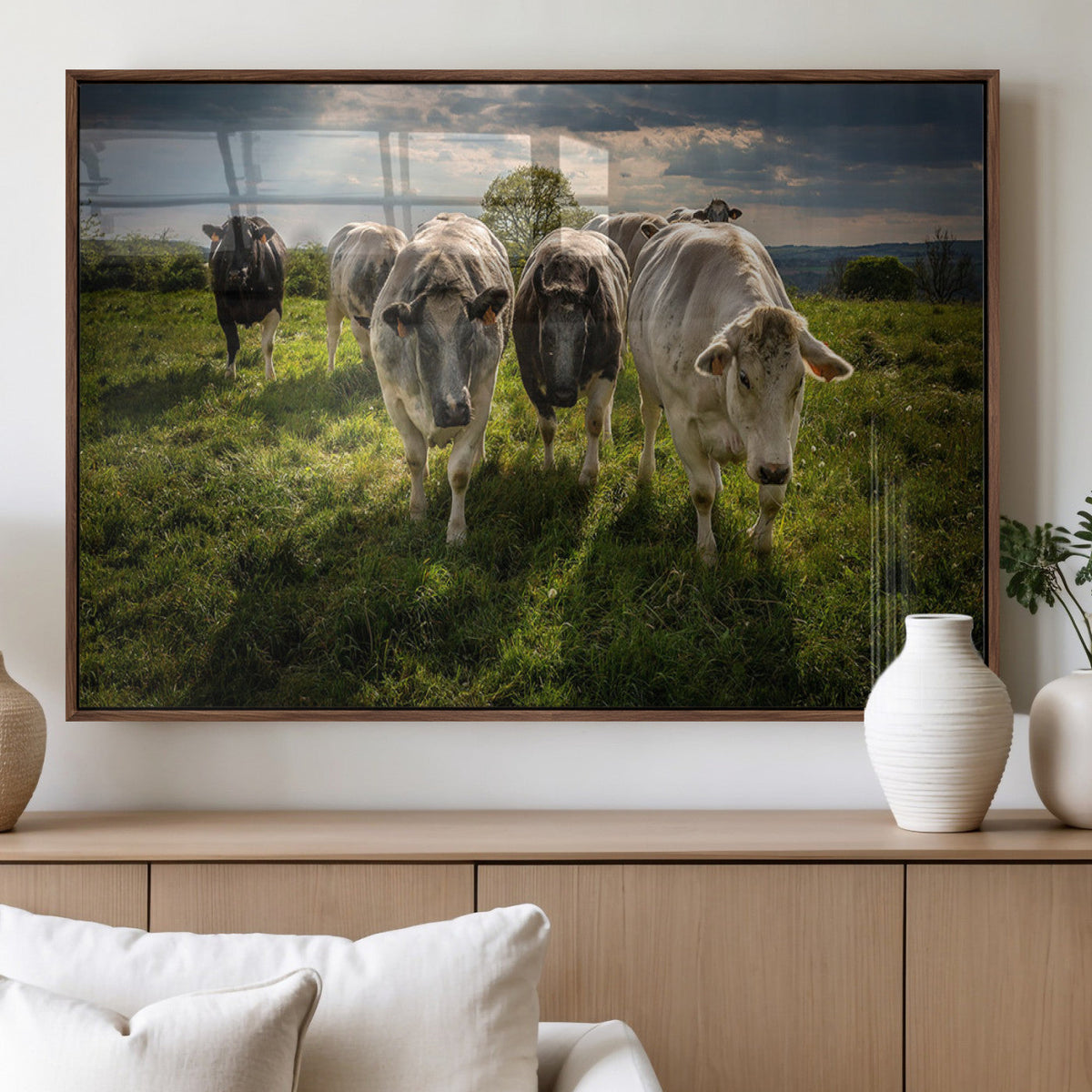 Grazing Cattle Herd Wall Art, Green Pasture Livestock Canvas