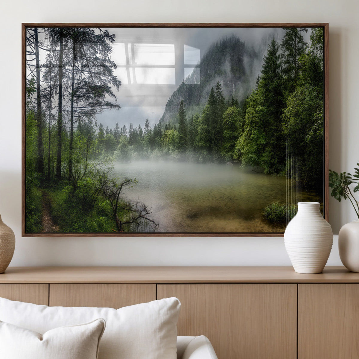 Misty Lake Forest Wall Art – Green Trees Calm Water