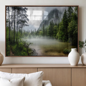 Misty Lake Forest Wall Art – Green Trees Calm Water