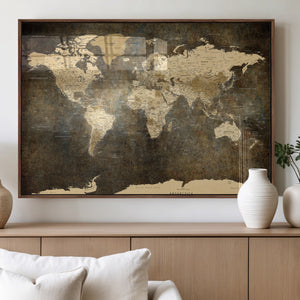 Large Framed Vintage World Map Wall Art Print for Home Wall