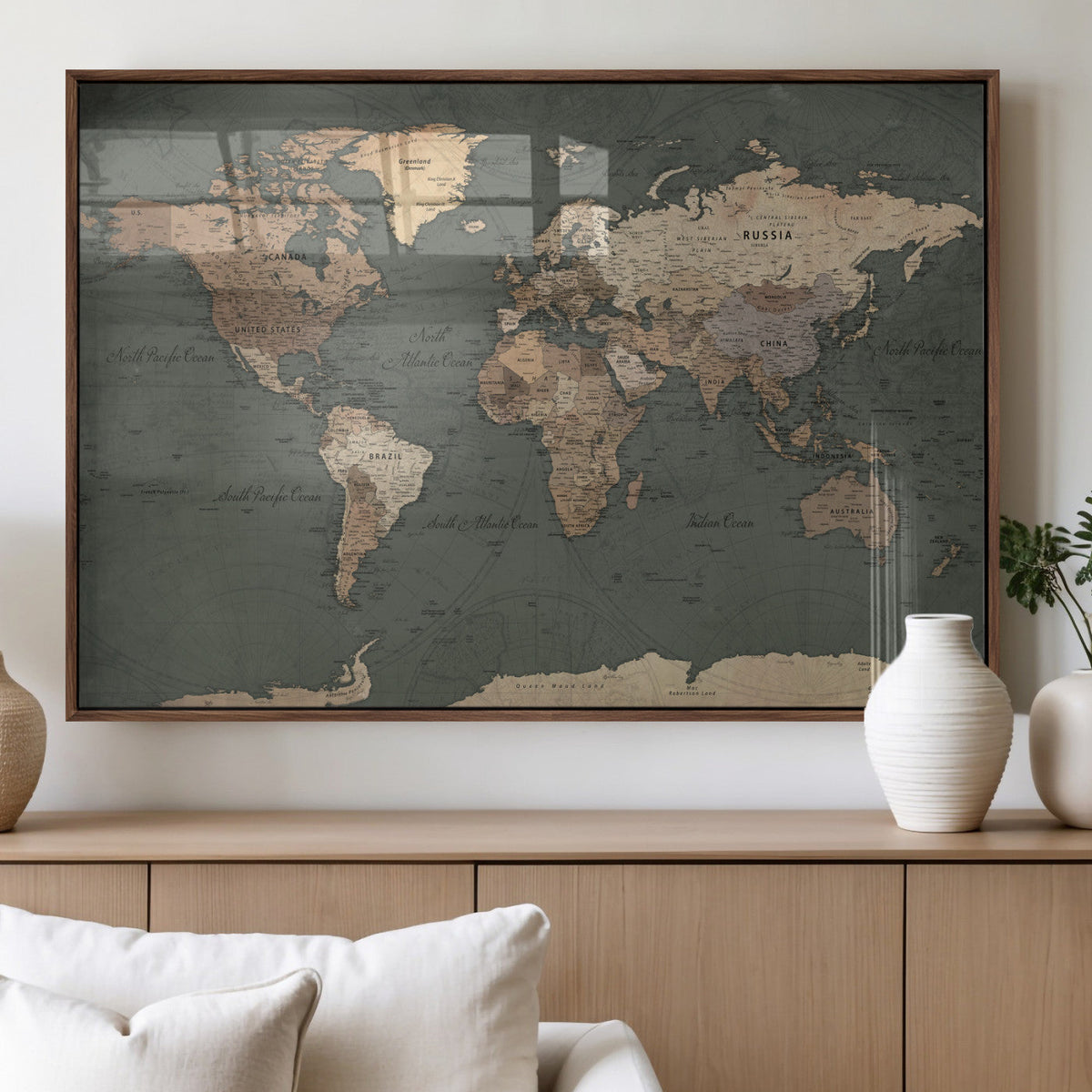 Rustic Black and Wood World Map Canvas Wall Art – Framed