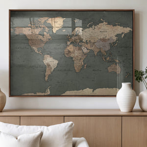 Rustic Black and Wood World Map Canvas Wall Art – Framed