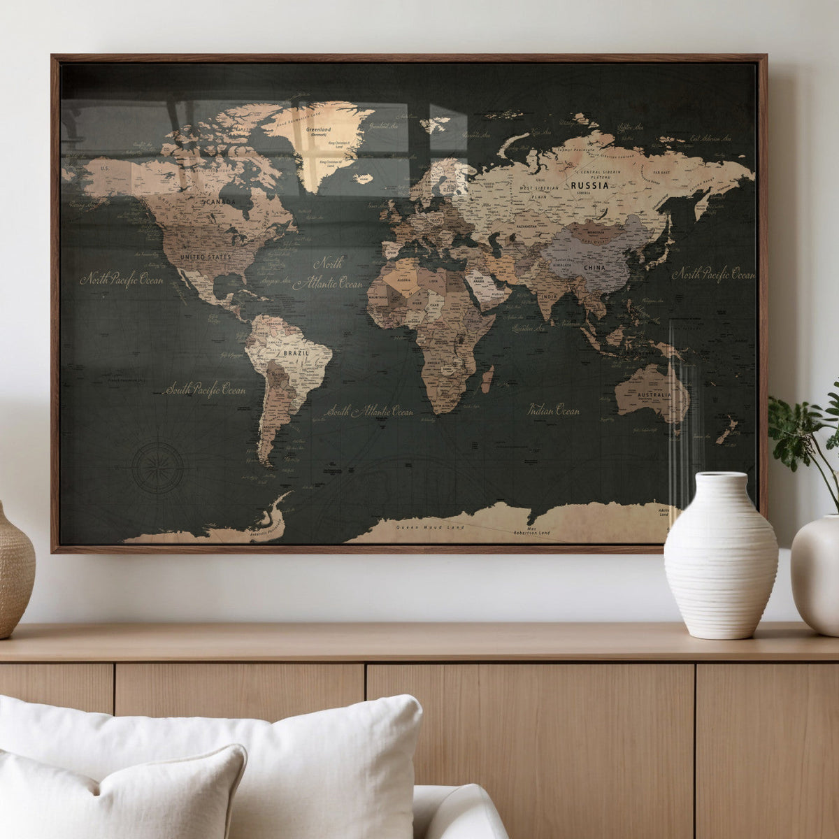 Vintage World Map Canvas Wall Art – Framed Travel Map for