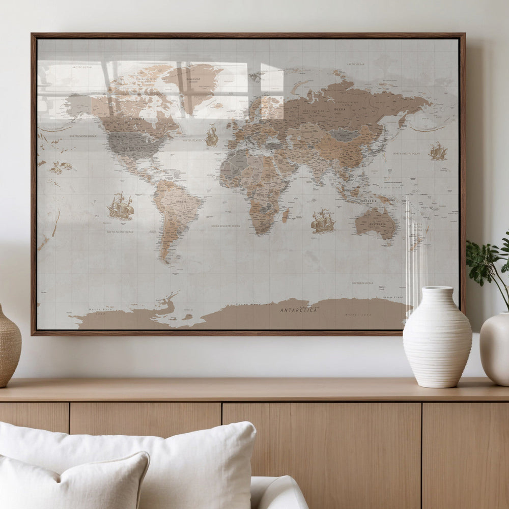 Framed Large World Map Canvas Print for Office Decor