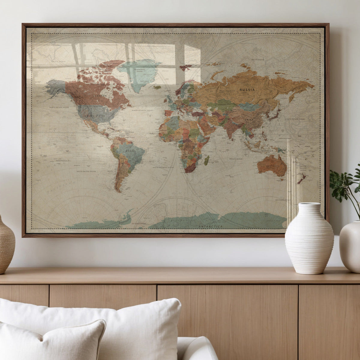 Vintage World Map Canvas Wall Art Print – Framed Modern
