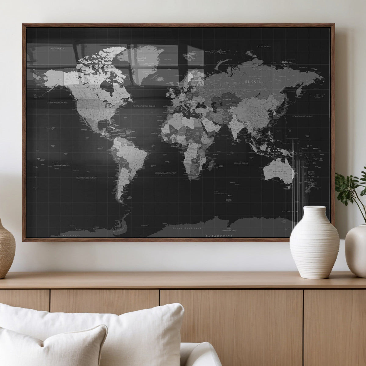 Black World Map Wall Art Canvas Print – Detailed Map of the