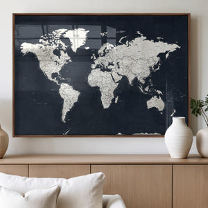 Black World Map Wall Art Canvas Print for Home Office and