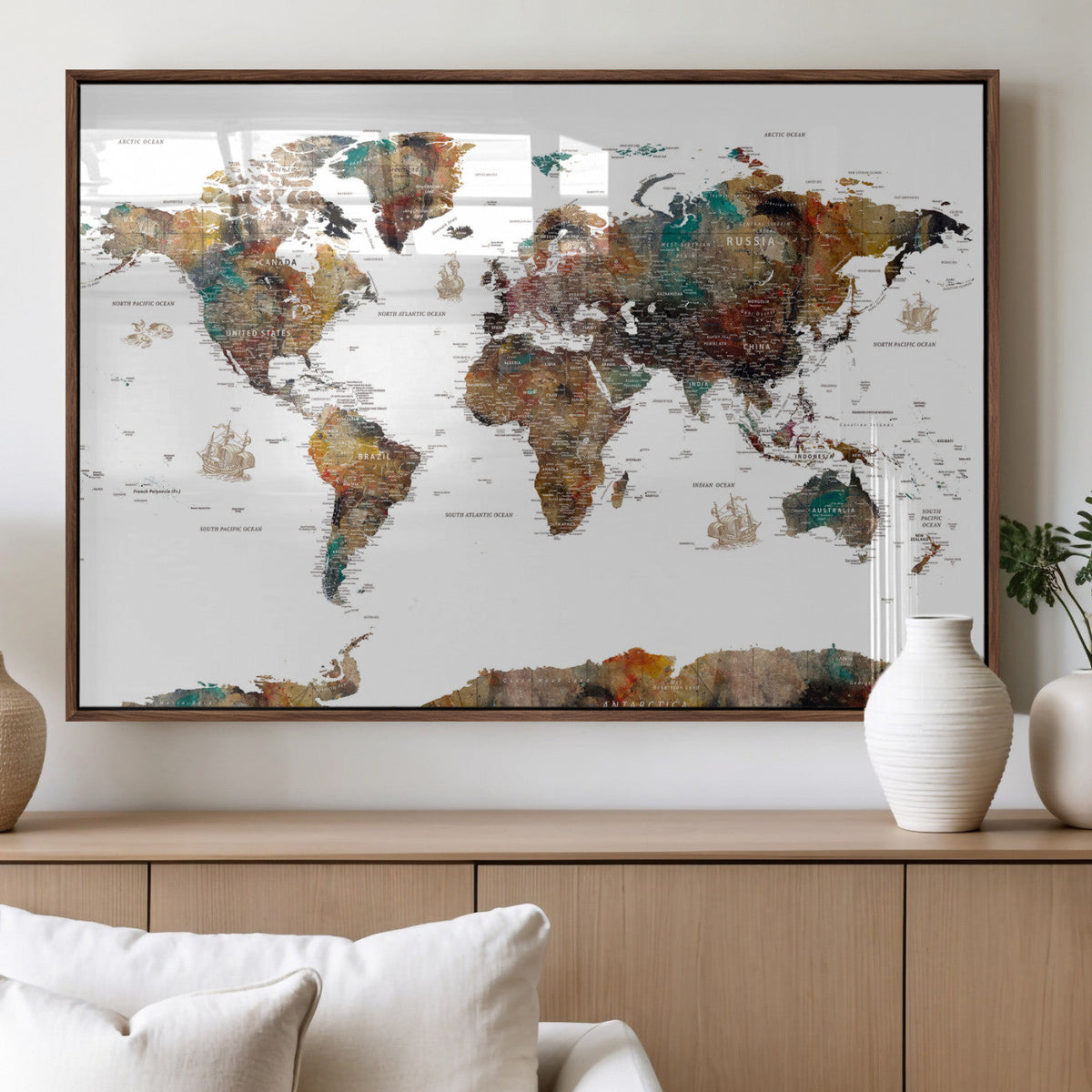 Watercolor World Map Canvas Print – Detailed Map of the
