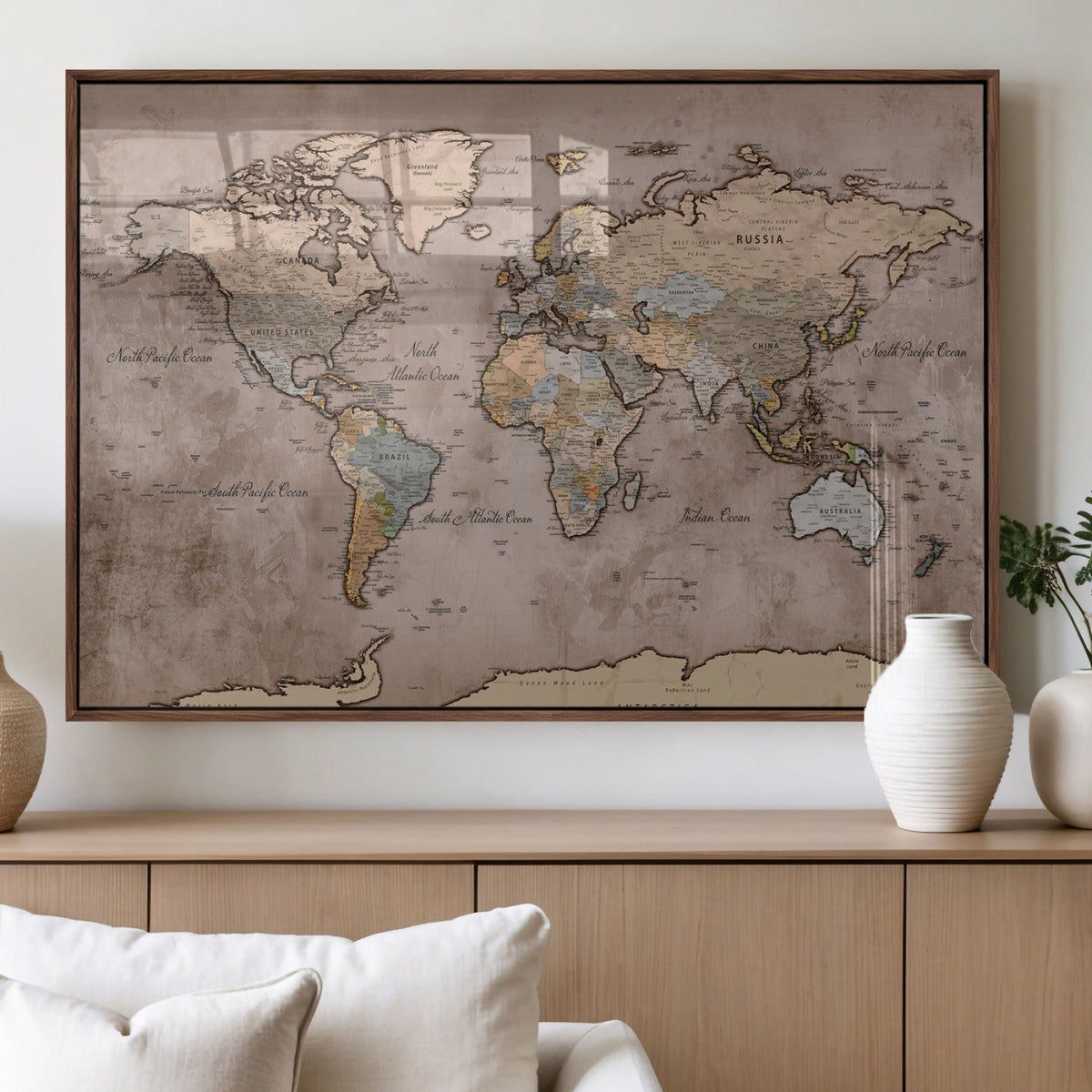 Grunge World Map Canvas Wall Art - Vintage Aged World Map