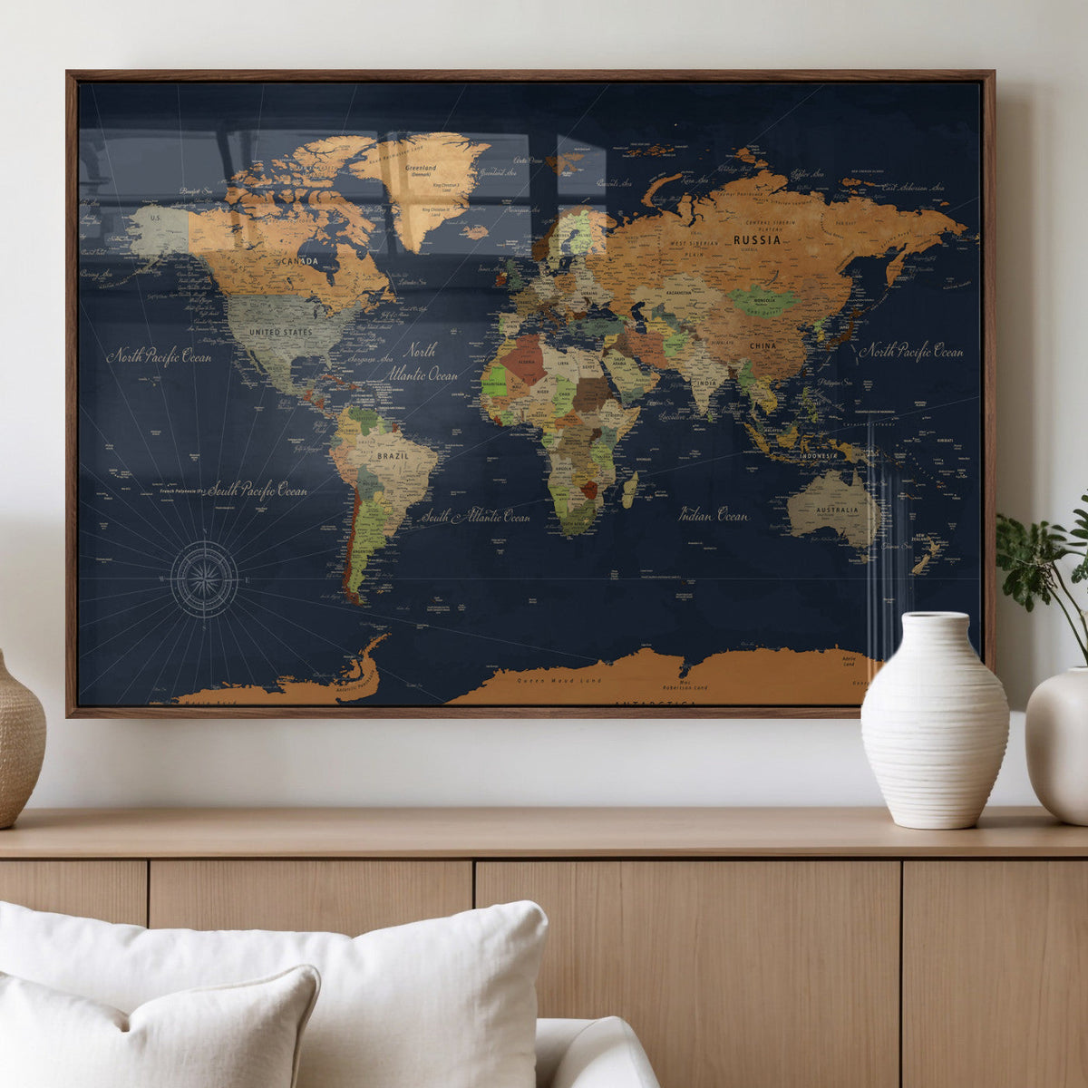 Modern World Map Canvas Print – Framed Detailed Map of the
