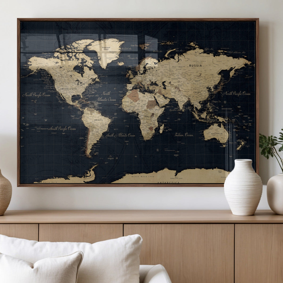 Dark World Map Canvas Wall Art Print, Minimal Black and Gold