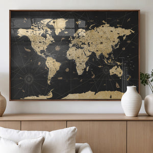 Vintage Blue and Brown World Map Canvas Wall Art – Framed