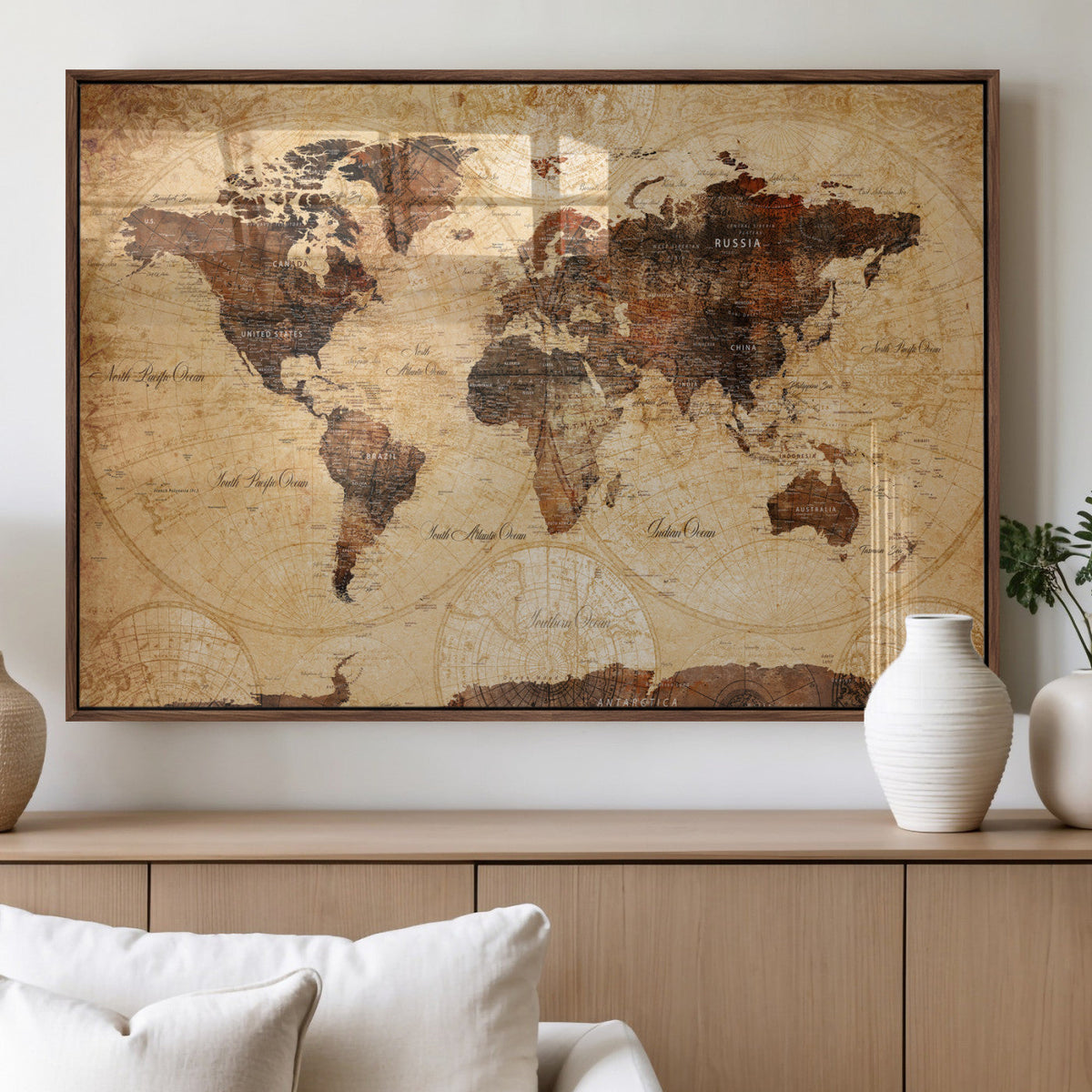 Modern Red and Gray World Map Canvas Print – Framed Wall Art