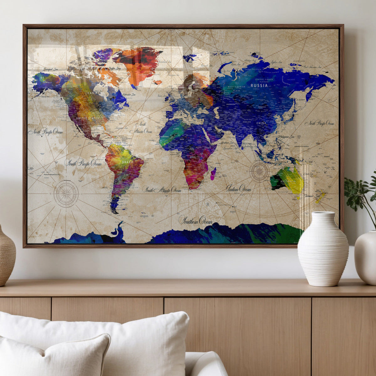 Watercolor World Map Canvas Print – Framed Wall Art for