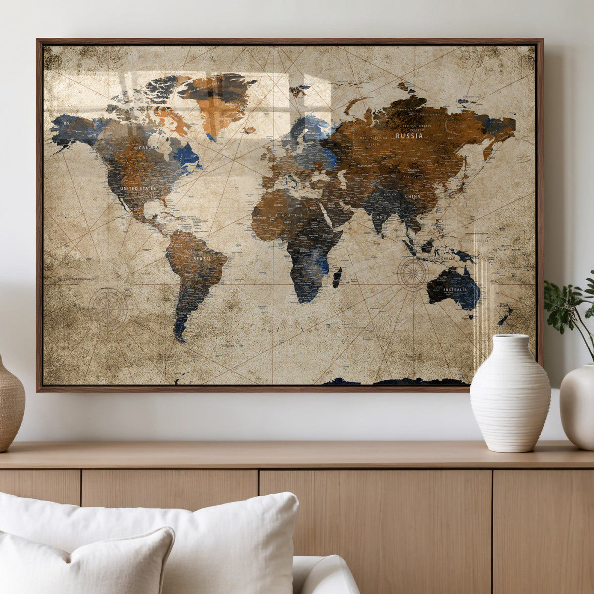 World Map Wall Art – Rustic Earth Tone Canvas Print, Antique