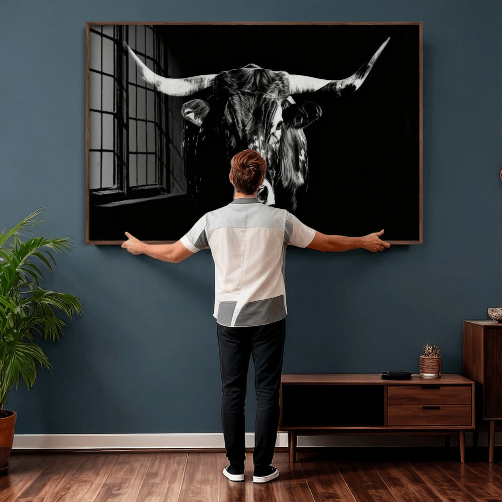 Black Bull Wall Art Canvas Print, Dark Longhorn Portrait