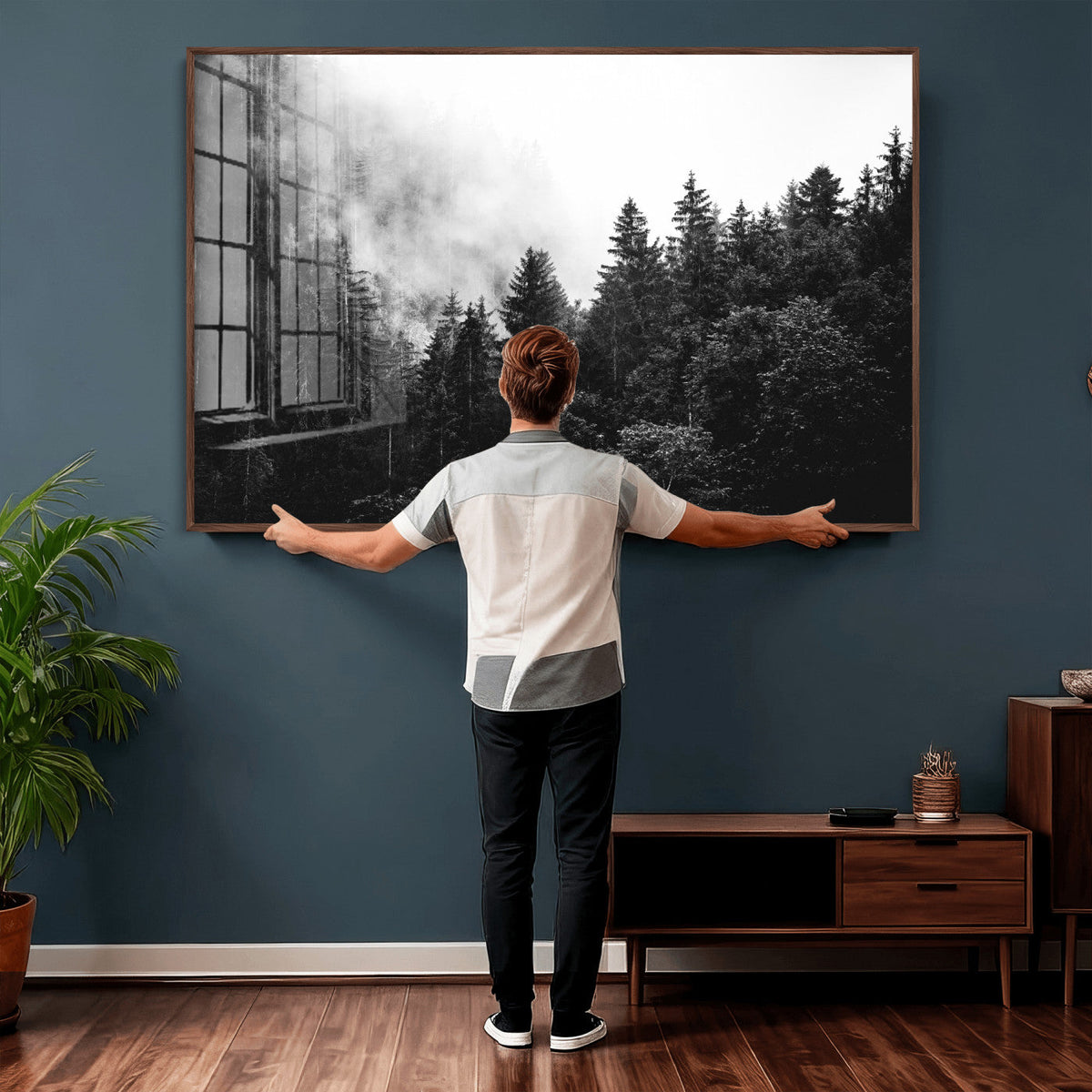 Black White Forest Wall Art Canvas Print, Misty Pine Tree