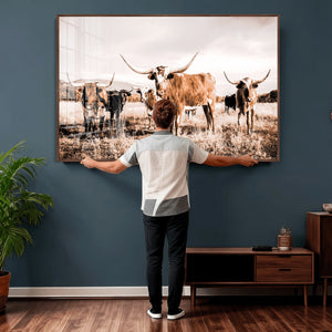 Texas Longhorn Cattle Wall Art Canvas Print, Sepia Western