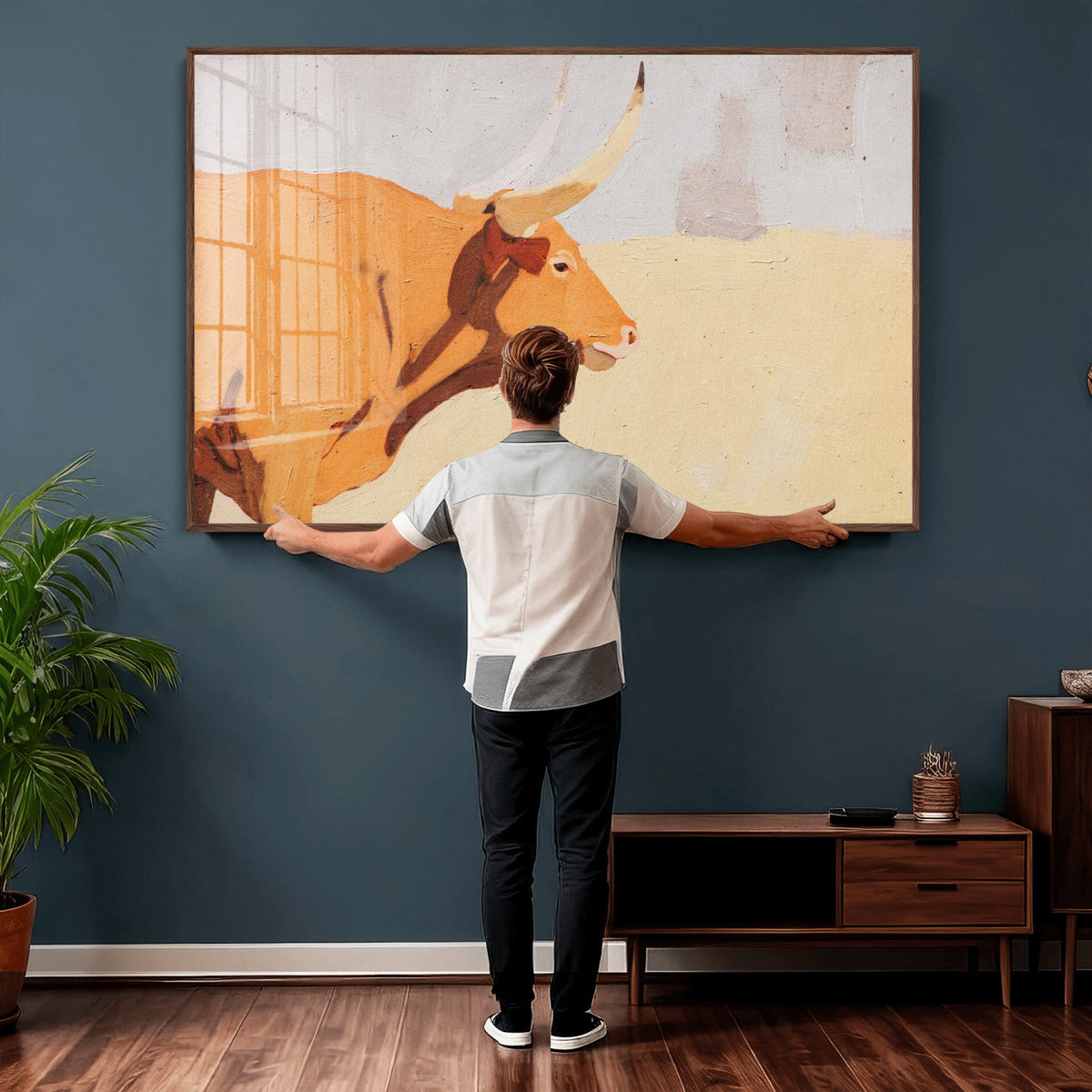 Minimal Longhorn Bull Wall Art Canvas Print, Neutral Western