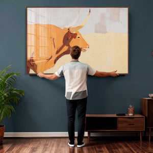 Minimal Longhorn Bull Wall Art Canvas Print, Neutral Western